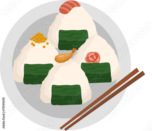  Japanese food onigiri rice ball. Onigiri japanese rice ball  with nory seaweed various taste. Asian rice food. Japanese fast food.