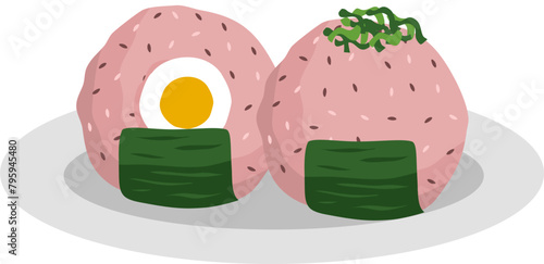  Japanese food onigiri rice ball. Onigiri japanese rice ball  with nory seaweed various taste. Asian rice food. Japanese fast food.