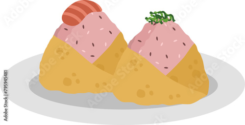  Japanese food onigiri rice ball. Onigiri japanese rice ball  with nory seaweed various taste. Asian rice food. Japanese fast food.