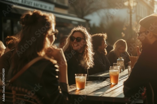 Group of friends sitting at a table in a pub and drinking beer