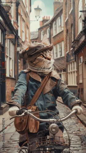 Old-time London street with a cat in 1970s attire on a bicycle, classic buildings in the background, vintage color palette