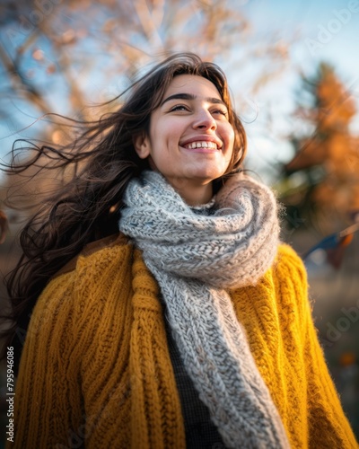 Woman in Yellow Sweater Embracing Autumn Joy. Generative AI.