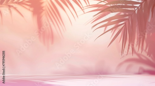 Sunlit tropical palm leaves casting intricate shadows on a pastel pink surface, creating a serene and inviting summery ambiance