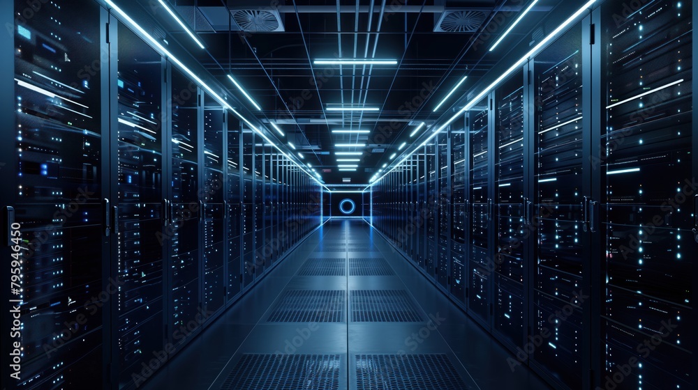 Data center interior with dynamic lights, tech essence Data center interior with dynamic lights, tech essence
