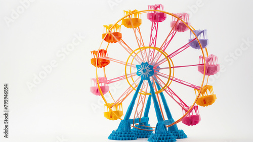 Colorful plastic Ferris wheel toy with white background.
