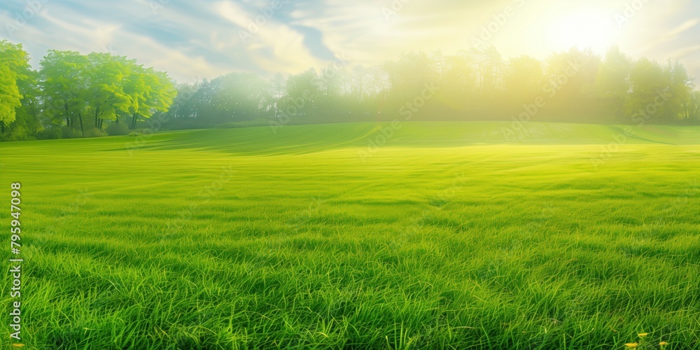 Luminous sunrise casting vibrant shadows across a neatly mown grassy field