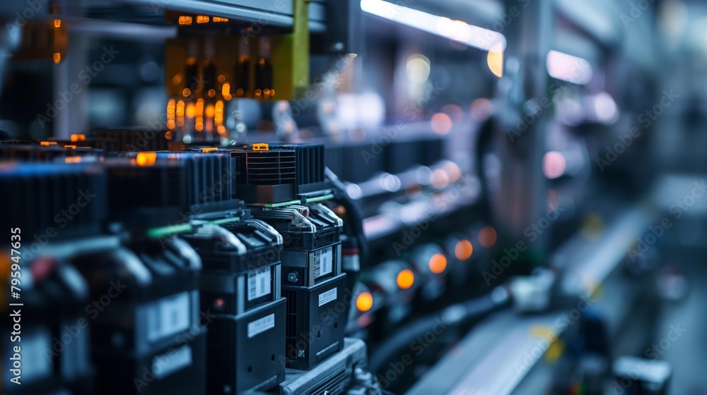 close-up view of an electric vehicle battery cell assembly line during mass production, showcasing precision and automation close-up view of an electric vehicle battery cell assembly line during mass production, showcasing precision and automation