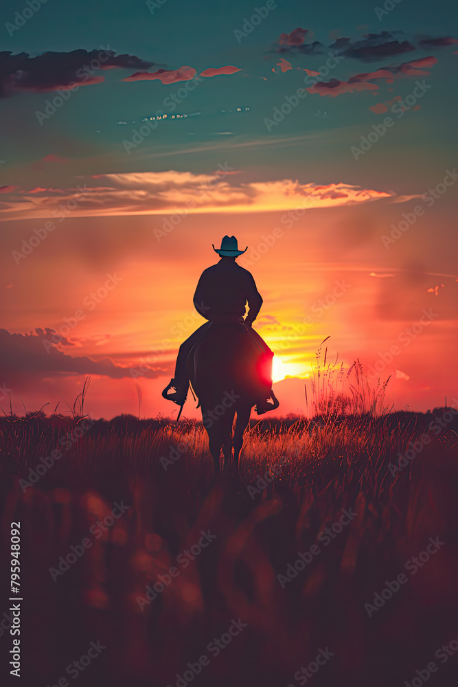 Silhouette of Cowboy Riding Across Vast Grassland Horizon