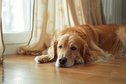 a dog in the house in front of the window