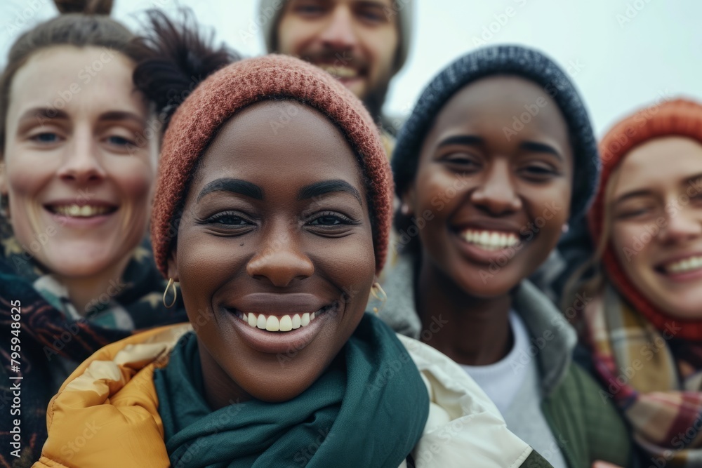 Group of diverse young people in warm clothes looking at camera and smiling Group of diverse young people in warm clothes looking at camera and smiling