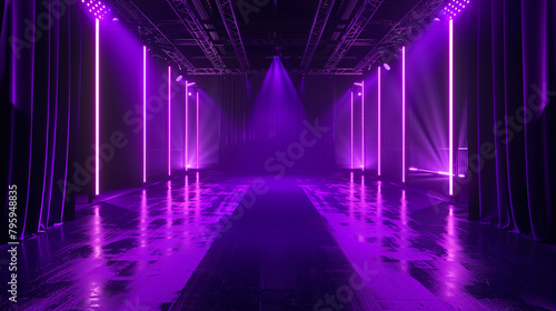 A long, narrow room with purple walls and purple lights