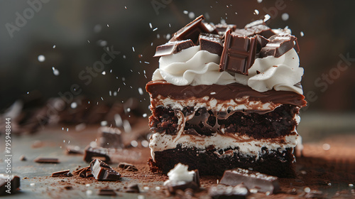 Decadent Black Forest Cake Slice with Whipped Cream and Chocolate Shavings layers of rich chocolate cake, drenched in thick fudge frosting looks soft. photo