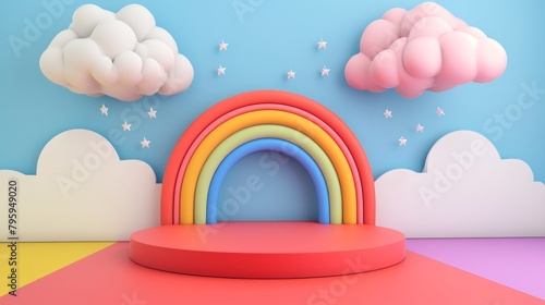 empty podium for display with rainbow , clouds and floating balloons © YuDwi Studio