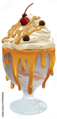 Vector illustration of a caramel-topped ice cream sundae