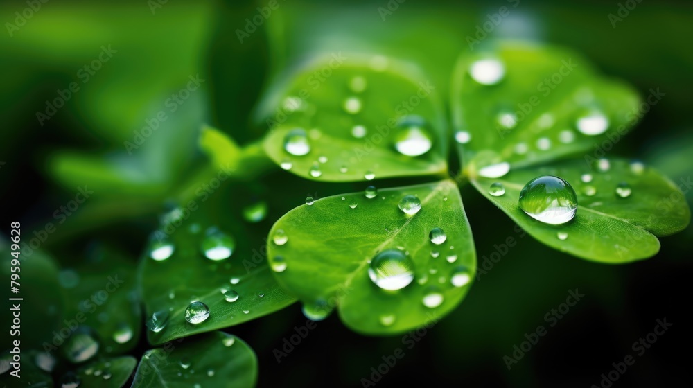 Macro view of green four-leaf clover with morning dew with blurred background, St. Patricks Day luck. Macro view of green four-leaf clover with morning dew with blurred background, St. Patricks Day luck.