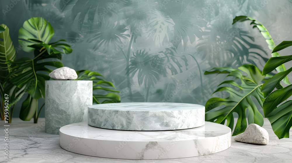 Podium background 3D white marble stand display platform mockup. Stone podium scene summer background 3D render product stage presentation green pedestal plant rock leaf art abstract Podium background 3D white marble stand display platform mockup. Stone podium scene summer background 3D render product stage presentation green pedestal plant rock leaf art abstract