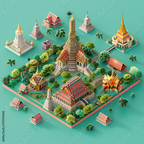 Cute isometric 3D render of province in Tthailand, capturing the famous places and atmosphere of this province, keep center,solid color background, sharp detail, beautiful, editorial  photo