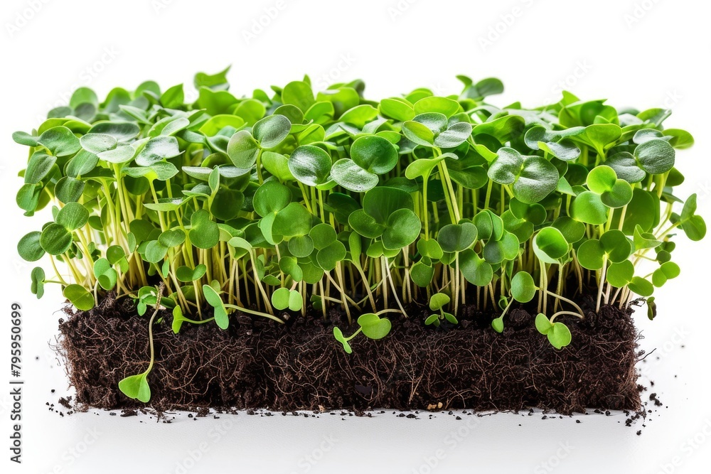 Growing microgreens on a white background. A healthy and wholesome food icon. Healthy eating habits Growing microgreens on a white background. A healthy and wholesome food icon. Healthy eating habits