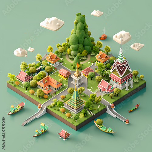 Cute isometric 3D render of province in Tthailand, capturing the famous places and atmosphere of this province, keep center,solid color background, sharp detail, beautiful, editorial  photo