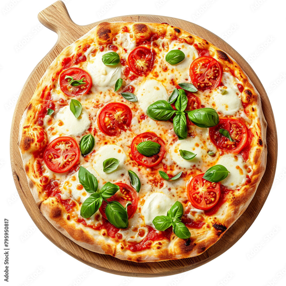 Tasty pizza with cheese, tomato, and leaf on a wooden board top view Tasty pizza with cheese, tomato, and leaf on a wooden board top view