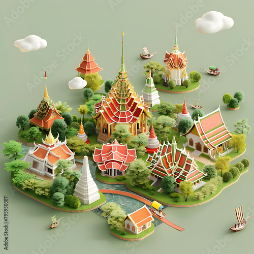 Cute isometric 3D render of province in Tthailand, capturing the famous places and atmosphere of this province, keep center,solid color background, sharp detail, beautiful, editorial 