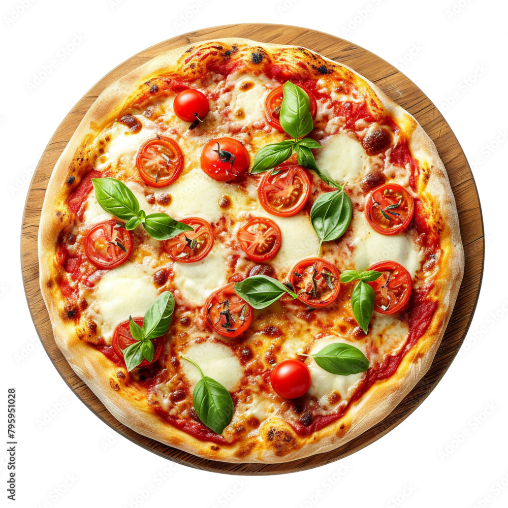 Tasty pizza with cheese, tomato, and leaf on a wooden board top view Tasty pizza with cheese, tomato, and leaf on a wooden board top view