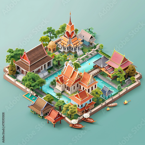 Cute isometric 3D render of province in Tthailand, capturing the famous places and atmosphere of this province, keep center,solid color background, sharp detail, beautiful, editorial 