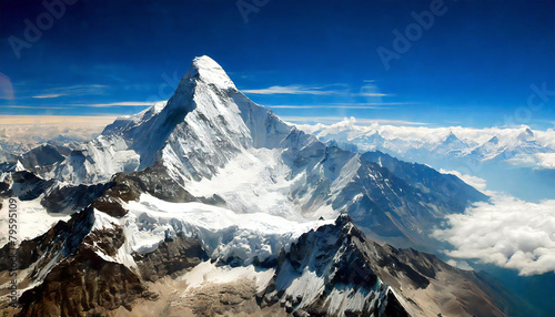 エベレスト山。青空を背景に高くそびえるエベレスト。世界一の高さのあるエベレスト山。Mount Everest. Everest towering high against the blue sky. Mount Everest, the world's tallest mountain.