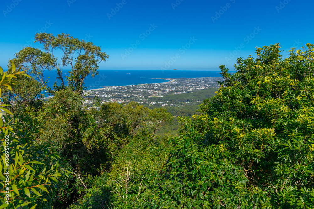 Panoramic view of Wollongong Sydney Australia from Bulli Lookout on a sunny winters day blue skies Sydney NSW Australia Panoramic view of Wollongong Sydney Australia from Bulli Lookout on a sunny winters day blue skies Sydney NSW Australia