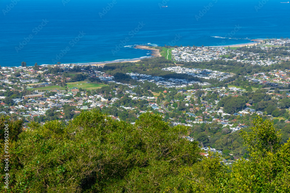 Panoramic view of Wollongong Sydney Australia from Bulli Lookout on a sunny winters day blue skies  Sydney NSW Australia