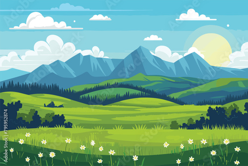 landscape with mountains and blue sky, Beautiful grasslands with mountains and hills