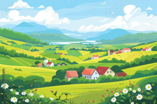A town in the green fields, Beautiful landscape of green meadows and a peaceful town in the middle of the scene.