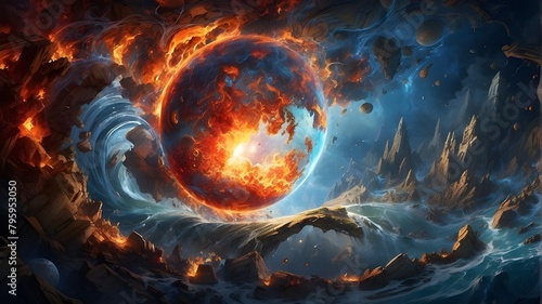 An amazing depiction of the world, with components of fire and water arising from it. photo