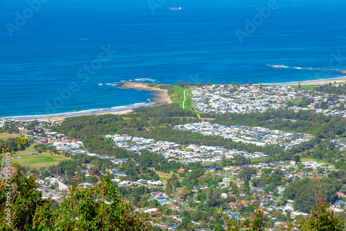 Panoramic view of Wollongong Sydney Australia from Bulli Lookout on a sunny winters day blue skies Sydney NSW Australia