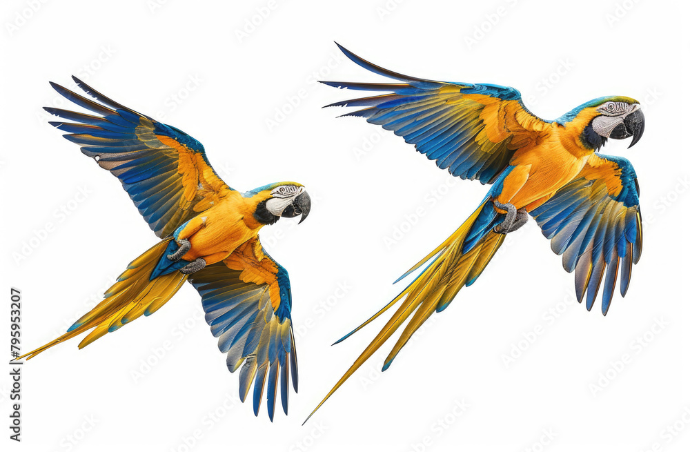blue and yellow macaw parrots flying in the air