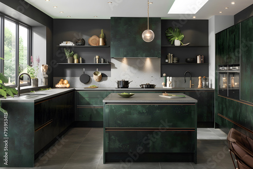 Contemporary modern kitchen interior in dark green colors and concrete elements.