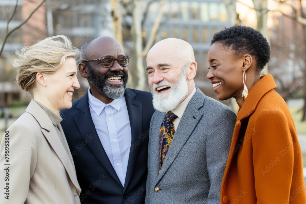 Group of diverse businesspeople standing together outdoors. Multiethnic group of business people standing together and smiling.