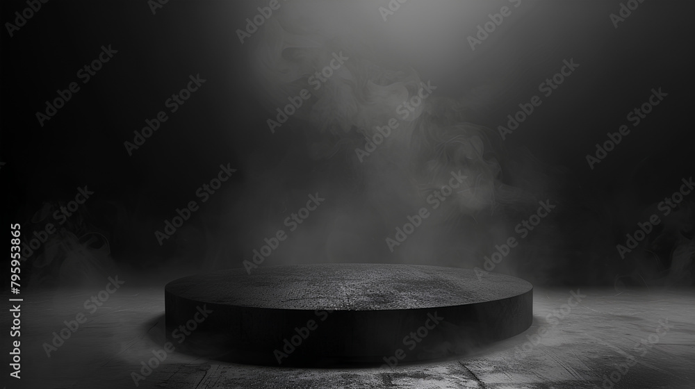 Podium black dark smoke background product platform abstract stage texture fog spotlight. Dark black floor podium dramatic empty night room table concrete wall scene place display studio smoky dust