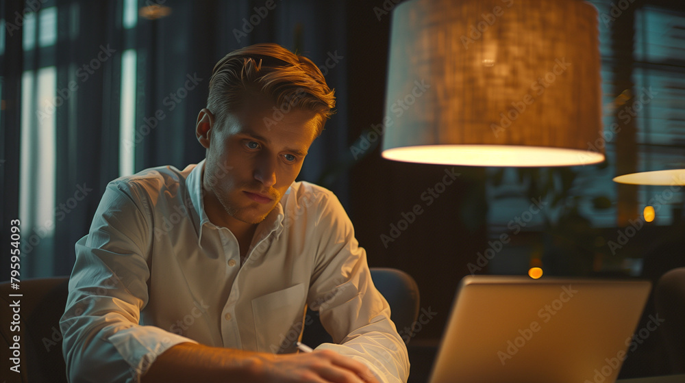 Portrait of a young male tech worker working on a laptop in a modern office, person typing on laptop 
