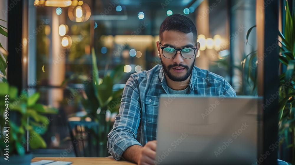 Portrait of a young male tech worker working on a laptop in a modern office, person typing on laptop Portrait of a young male tech worker working on a laptop in a modern office, person typing on laptop