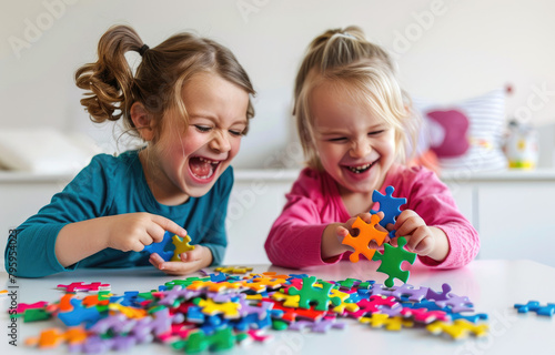 Two little girls, one with brown hair and the other blonde wearing green , sitting at an empty white table doing colorful puzzle pieces together