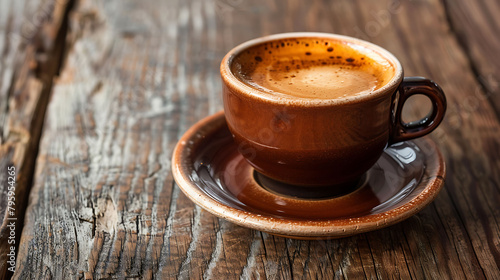 a brown cup of coffee sits on a saucer on a wooden table, with a brown handle visible in the foregr