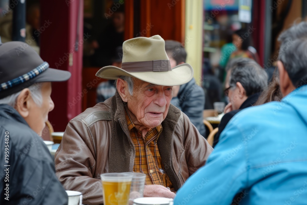 Elderly man sitting in a street cafe in Bucharest, Romania.