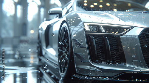 Sleek, chrome grille and headlights of a luxury car on a rainy road, factory, car showroom, bright colors, photo-realistic, modern - Generative AI. photo