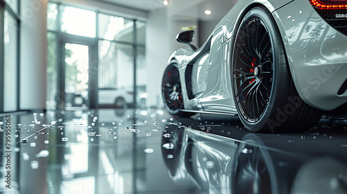 Low angle shot showcasing the muscular sports car in a modern  minimalist showroom  factory  car showroom  bright colors  photo-realistic  modern - Generative AI.