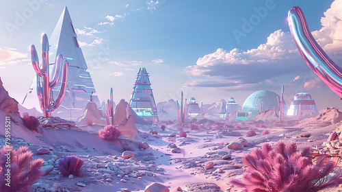 a futuristic cityscape featuring a white cloud and blue sky, with a pink flower adding a pop of col photo