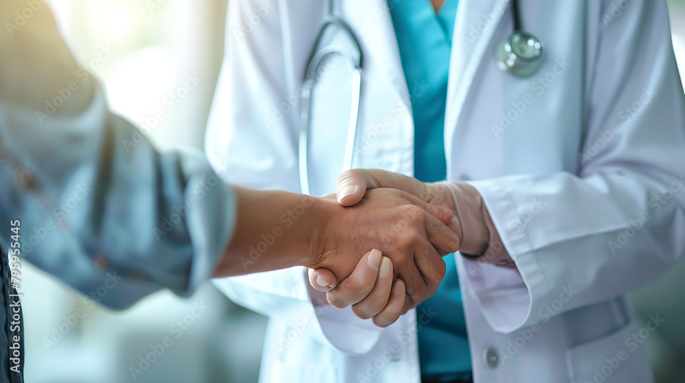 two doctors, one wearing a blue shirt and the other a white shirt, shake hands while holding hands two doctors, one wearing a blue shirt and the other a white shirt, shake hands while holding hands
