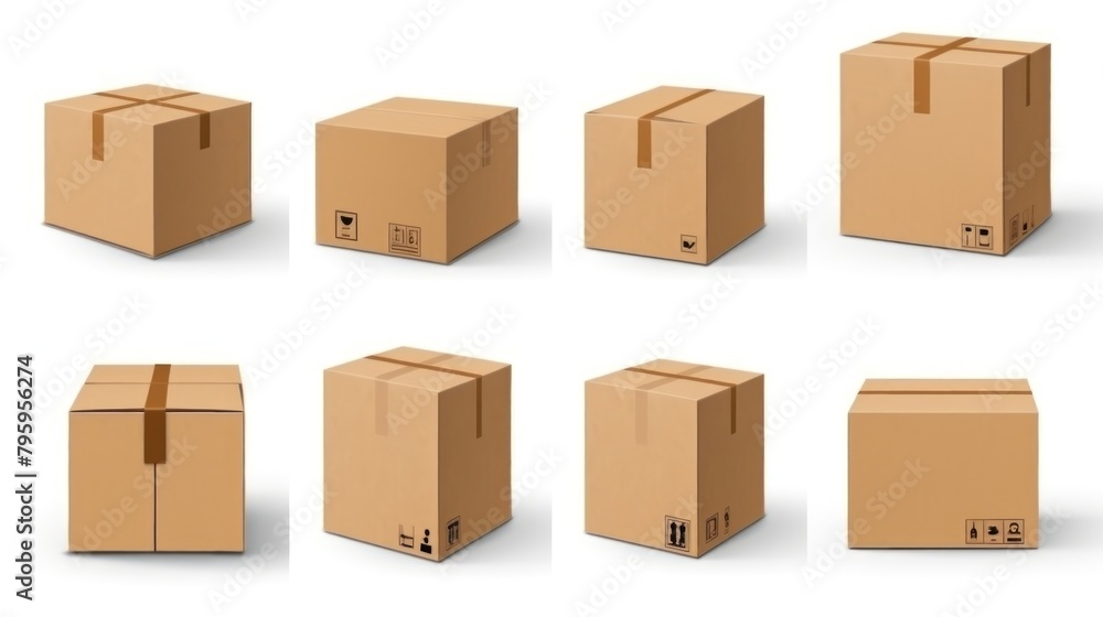 Fototapeta premium A set of cardboard boxes with different sizes and shapes. The boxes are all brown and have a white background