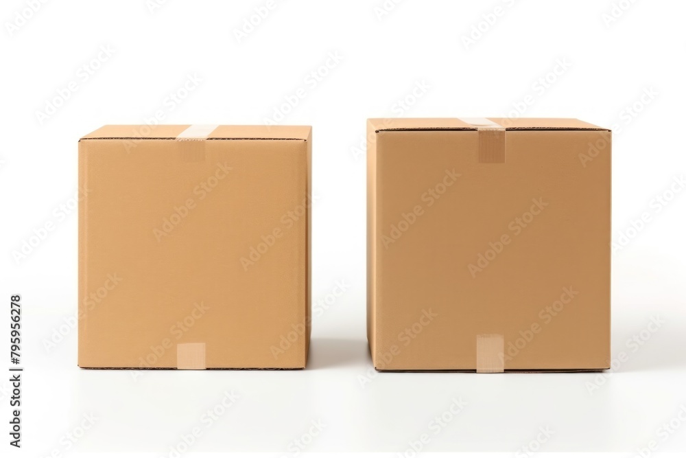Two cardboard boxes are sitting on a white background. The boxes are identical in size and shape. They are both brown and have tape on the top Two cardboard boxes are sitting on a white background. The boxes are identical in size and shape. They are both brown and have tape on the top