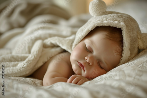 Sweet Slumber Newborn Dreaming on Bed Quiet Moments in Adobe Stock's Grace Capturing Innocence at Rest Tender Sleep in Cozy Embrace